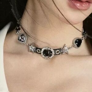 Choker Necklace Black Y2K Faux Leather Rhinestones Punk Whimsigoth Hearts NEW